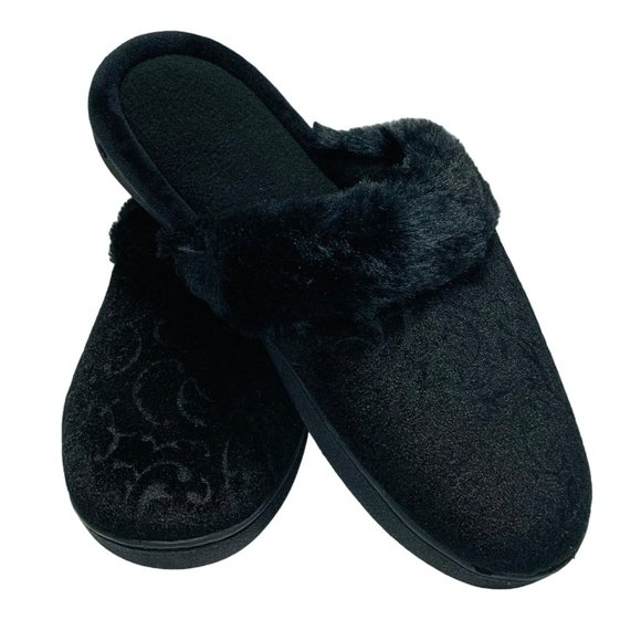 Isotoner Womens Slide Slippers Size L/9 Black Faux Fur Rose Pattern Memory Foam - Picture 3 of 11